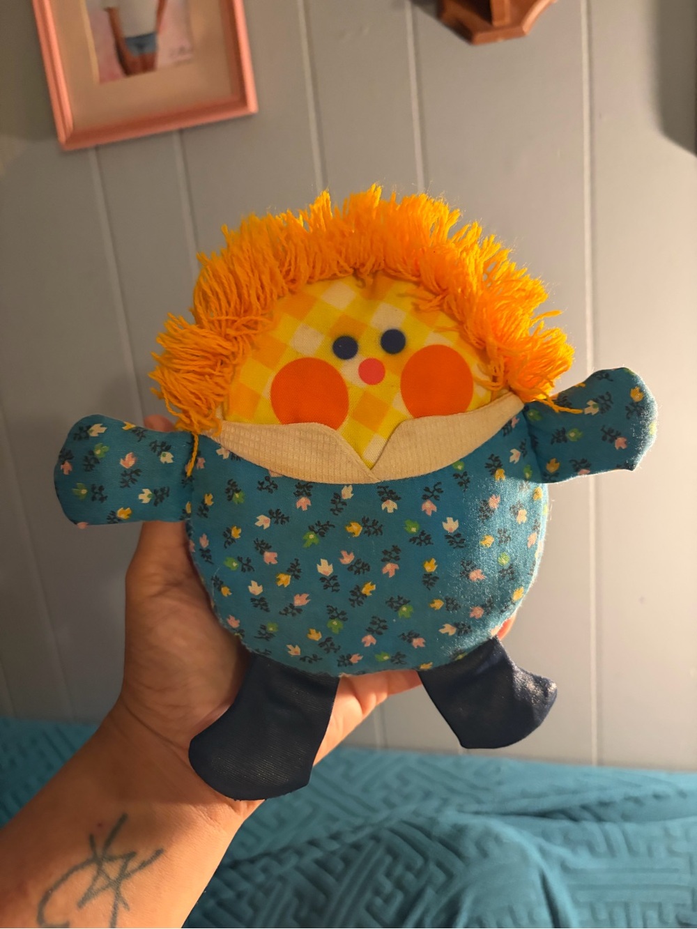 Fisher-Price Humpty Dumpty 1977 Plush Doll in Teal Floral Outfit